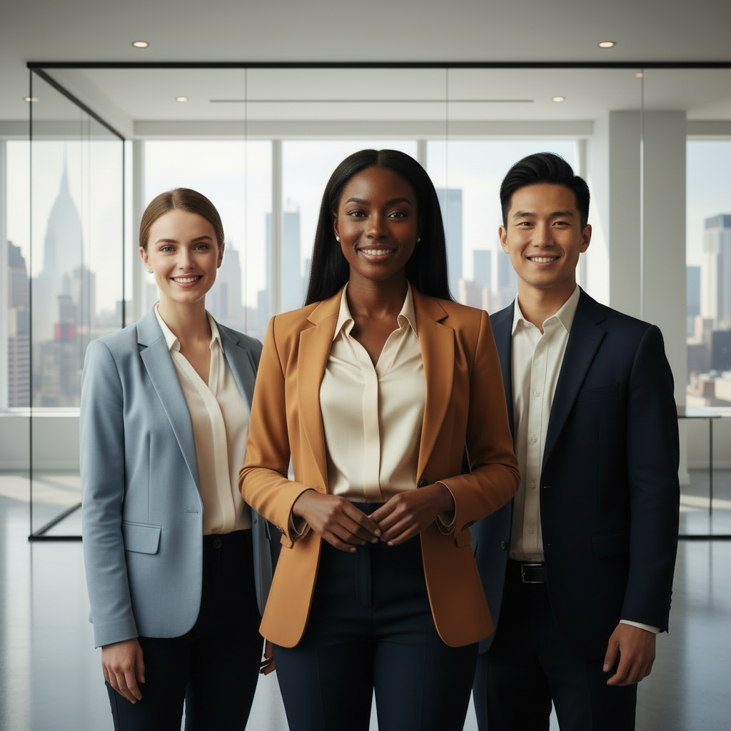 Three career-ready professionals in a modern city office